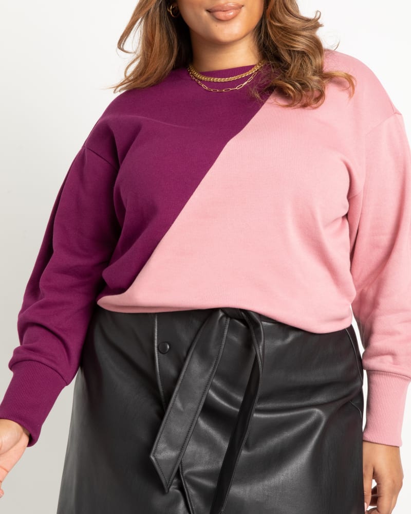 Front of a model wearing a size 14/16 Scarlett Colorblock Sweatshirt in Plum Caspia/ Foxglove by ELOQUII. | dia_product_style_image_id:236349